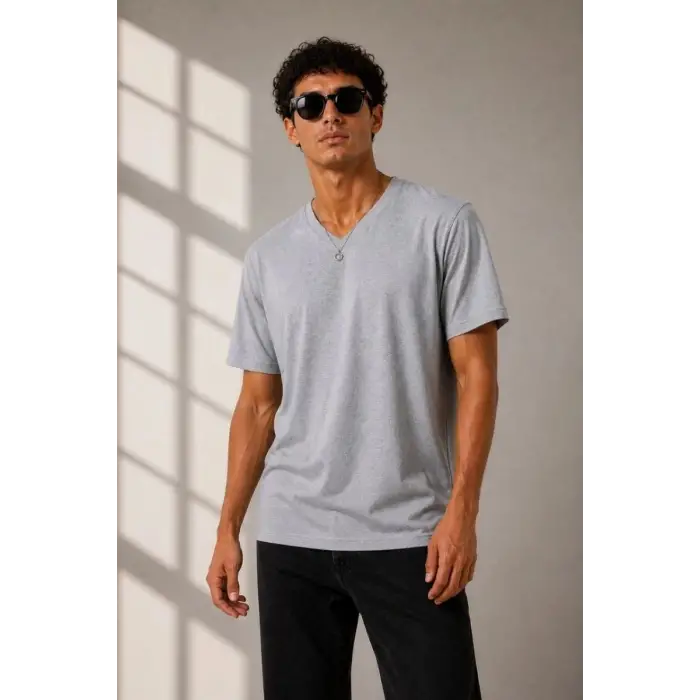 iegiyim™ Erkek V Yaka Basic Tişört Kısa Kol Yazlık Regular Fit T-Shirt - Gri