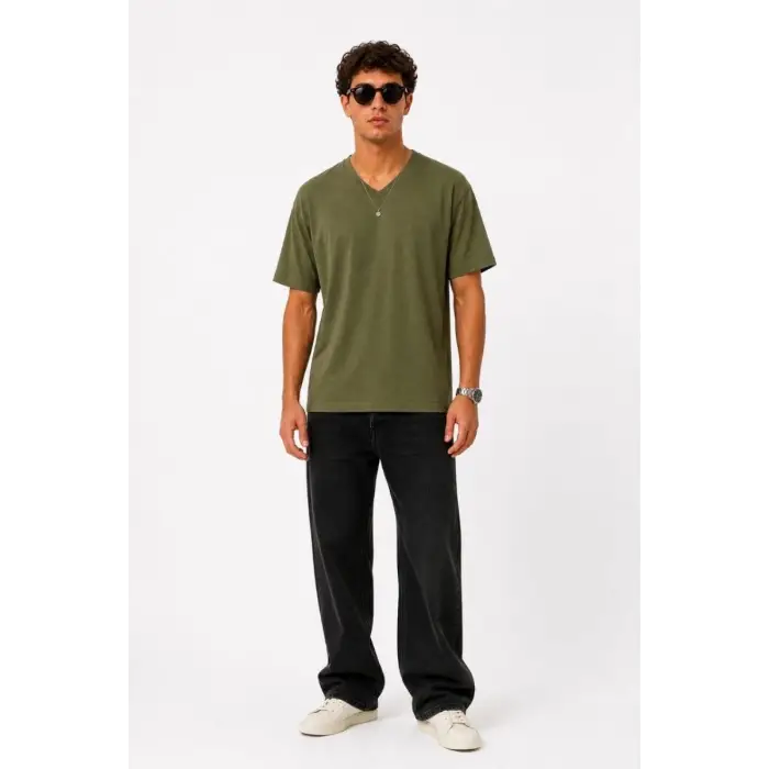 iegiyim™ Erkek V Yaka Basic Tişört Kısa Kol Yazlık Regular Fit T-Shirt - Haki