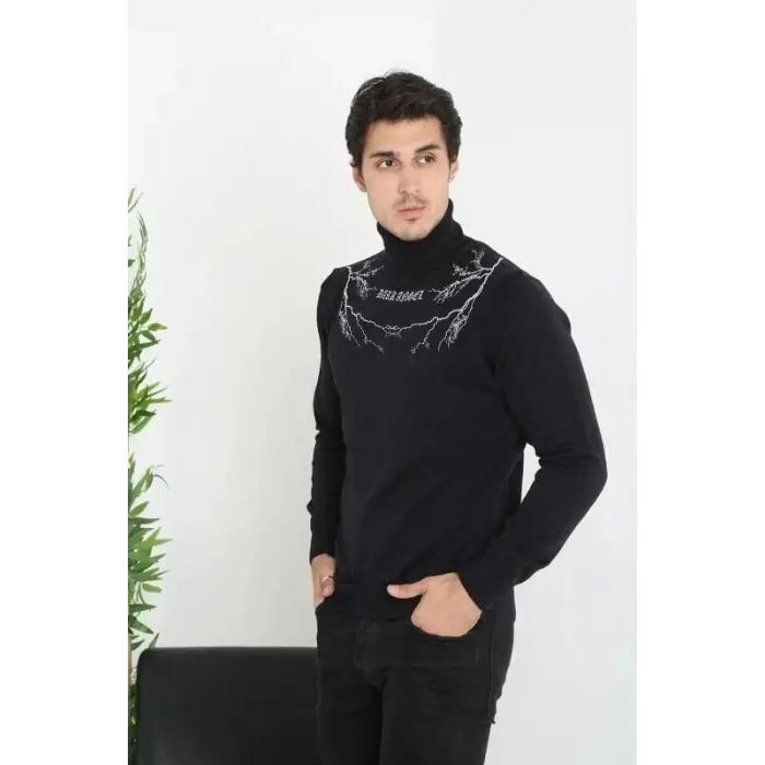 iegiyim™ Erkek Yarım Bağazlı Kazak Baskılı Dokuma Triko - Siyah