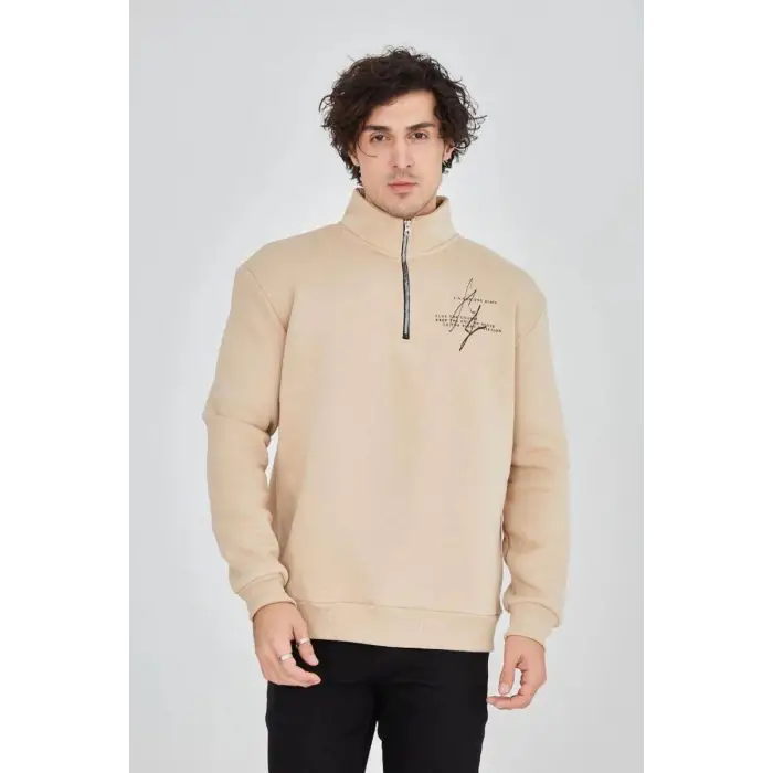 iegiyim™ Erkek Yarım Fermuarlı Baskılı 3 iplik pamuklu sweatshirt - Bej