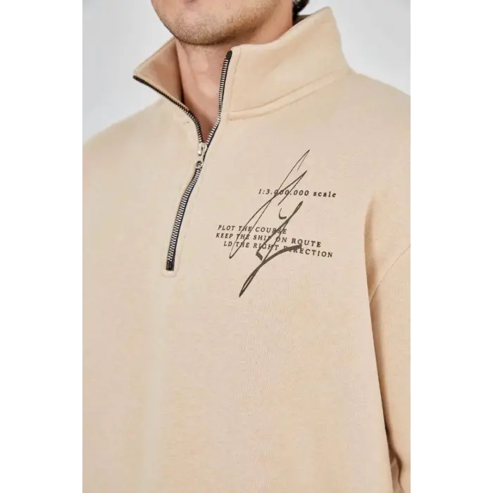 iegiyim™ Erkek Yarım Fermuarlı Baskılı 3 iplik pamuklu sweatshirt - Bej