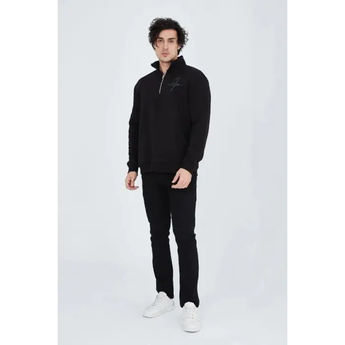 iegiyim™ Erkek Yarım Fermuarlı Baskılı 3  iplik pamuklu sweatshirt - Siyah