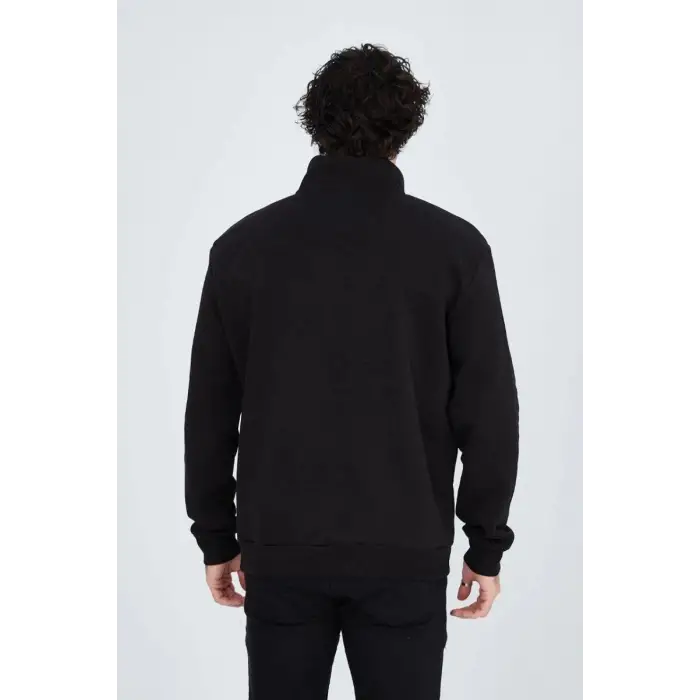 iegiyim™ Erkek Yarım Fermuarlı Baskılı 3  iplik pamuklu sweatshirt - Siyah