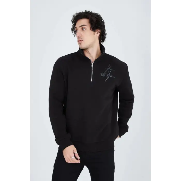 iegiyim™ Erkek Yarım Fermuarlı Baskılı 3  iplik pamuklu sweatshirt - Siyah