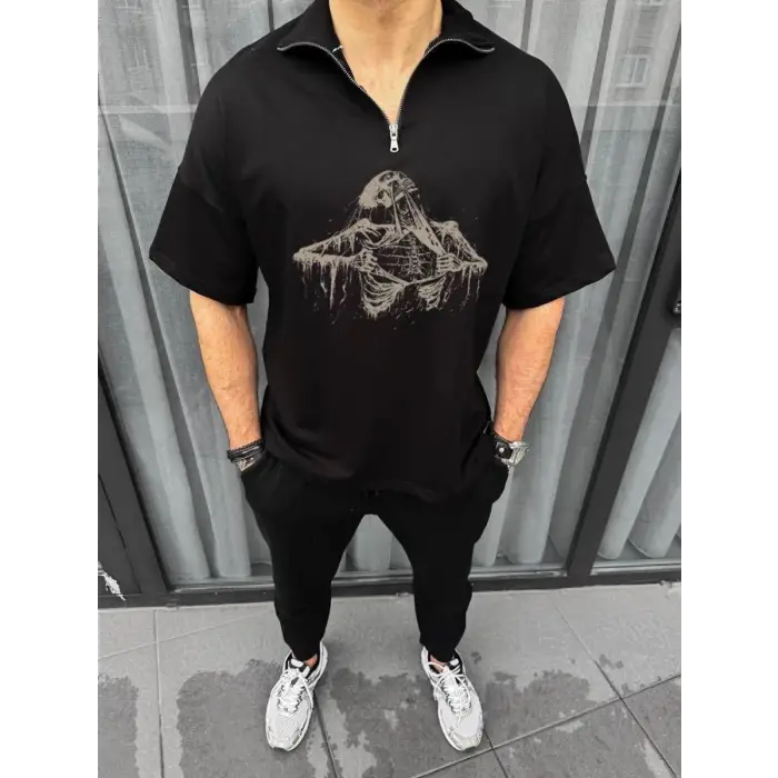 iegiyim™ Erkek Yarım Fermuarlı Baskılı Oversize T-Shirt - Siyah