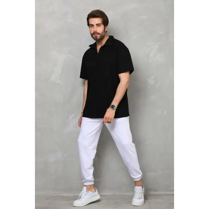 iegiyim™ Erkek Yarım Fermuarlı Düz Oversize T-shirt - Siyah