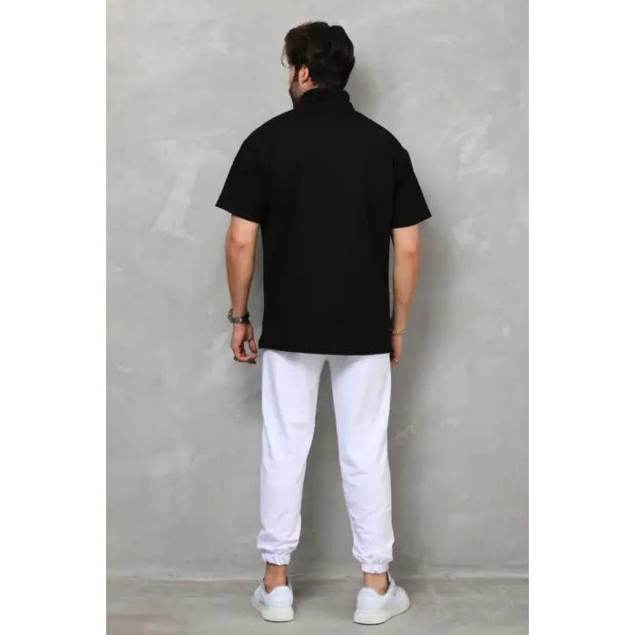 iegiyim™ Erkek Yarım Fermuarlı Düz Oversize T-shirt - Siyah