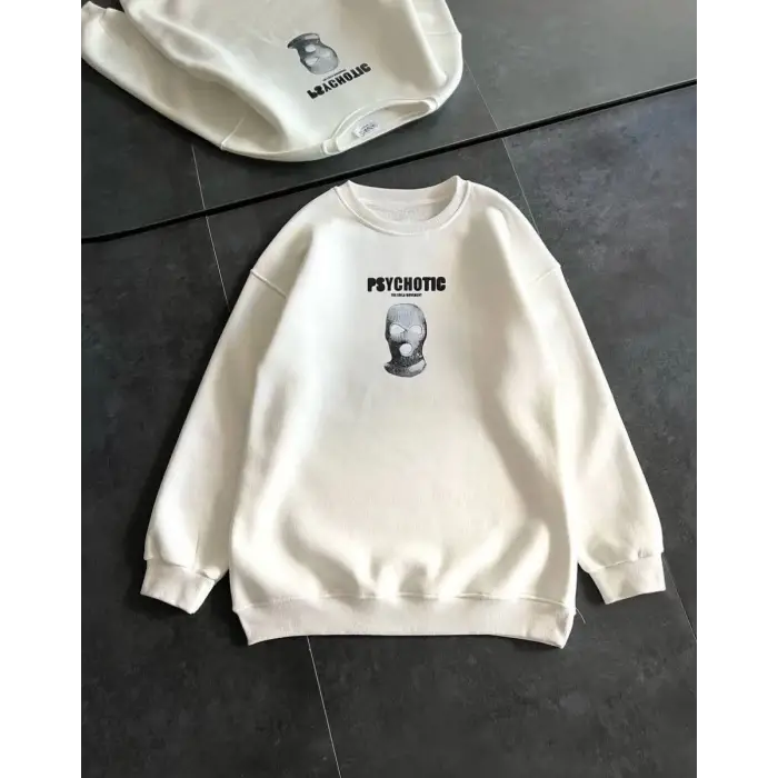 iegiyim™ Kadın 3 iplik Kışlık Bisiklet Yaka Baskılı SweatShirt - Beyaz