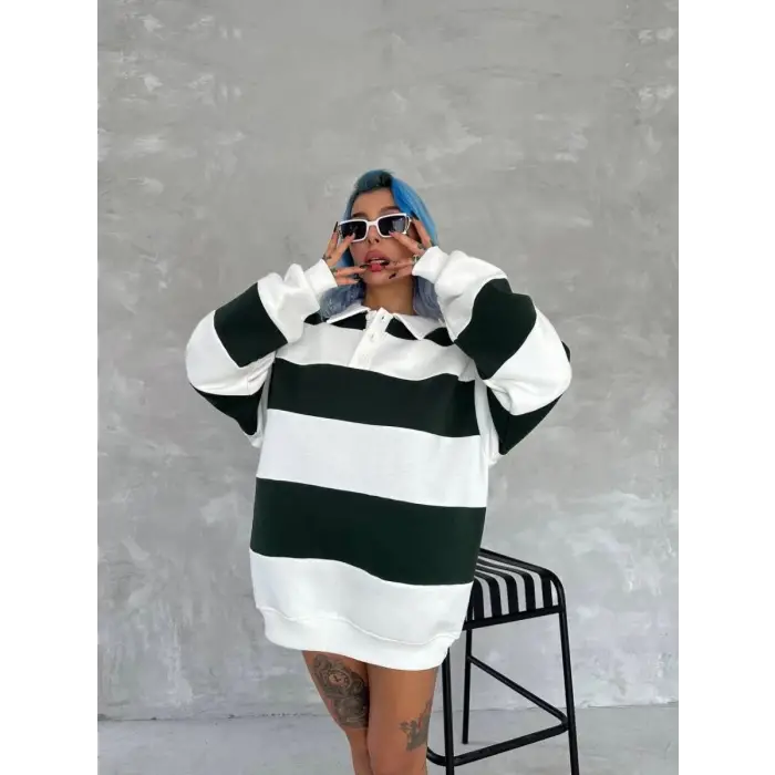 iegiyim™ Kadın 3 iplik Pamuklu Parçalı Yakalı SweatShirt - Yeşil