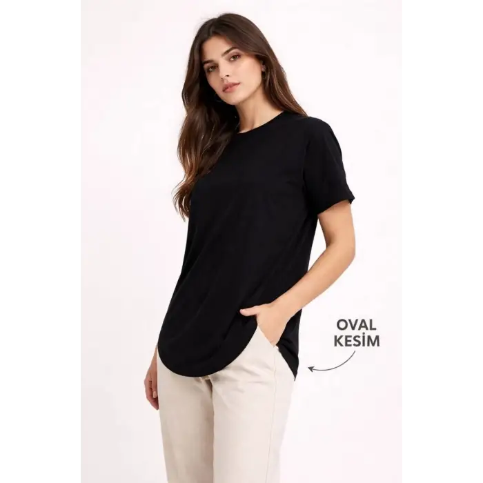 iegiyim™ Kadın Basic T-Shirt Kısa Kol Bisiklet Yaka Oval Kesim Tişört - Siyah