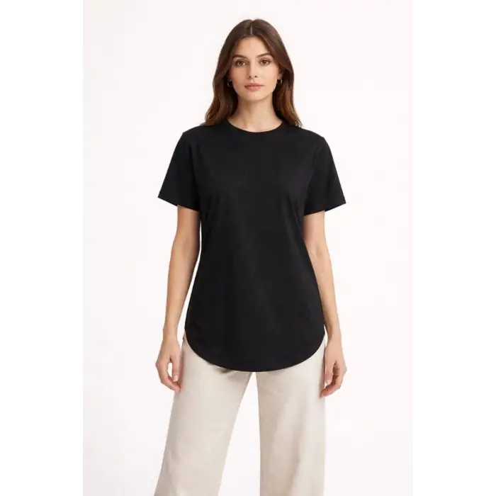 iegiyim™ Kadın Basic T-Shirt Kısa Kol Bisiklet Yaka Oval Kesim Tişört - Siyah