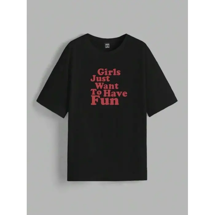 iegiyim™ Kadın Baskılı Oversize Kısa kol T-shirt - Siyah