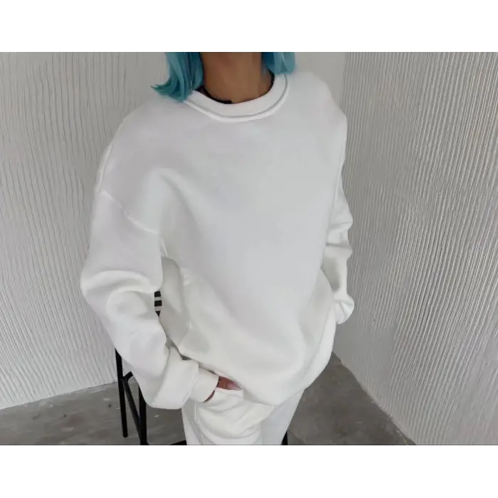 iegiyim™ Kadın Bisiklet Yaka 3 İplik Pamuklu Basic SweatShirt - Beyaz