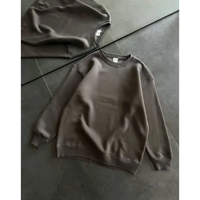 iegiyim™ Kadın Bisiklet Yaka 3 İplik Pamuklu Basic SweatShirt - Füme
