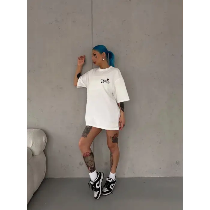 iegiyim™ Kadın Bisiklet Yaka Baskılı Kısa kol Oversize T-Shirt - Beyaz
