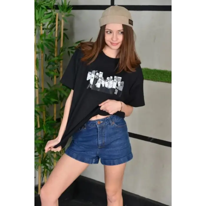 iegiyim™ Kadın Bisiklet Yaka Baskılı  Kısa kol Oversize T-Shirt - Siyah