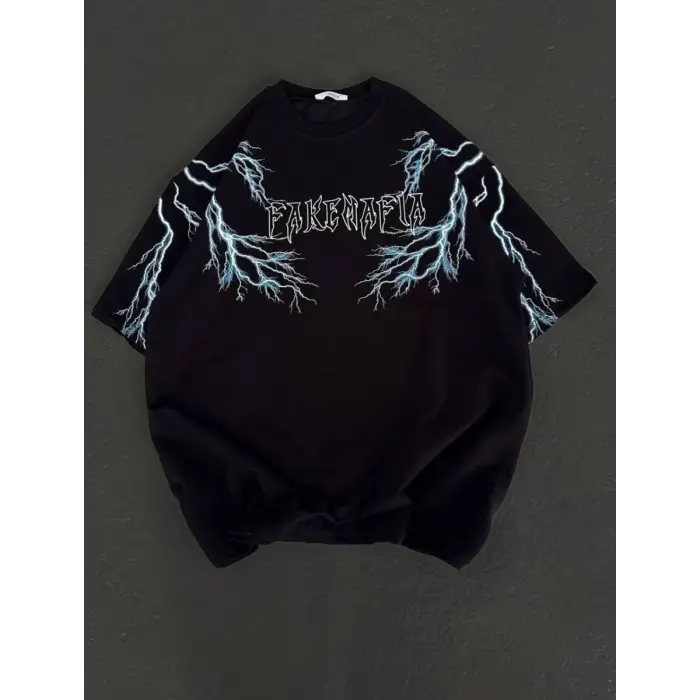 iegiyim™ Kadın Bisiklet Yaka Baskılı  Kısa kol Oversize T-Shirt - Siyah