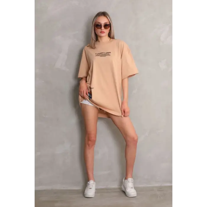 iegiyim™ kadın Bisiklet Yaka Baskılı Oversize Kısa kol T-Shirt - Bej