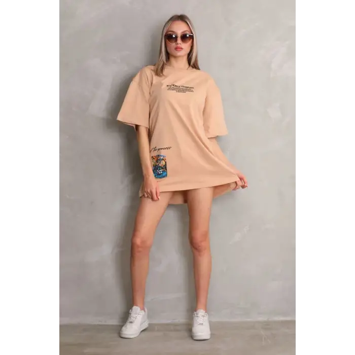 iegiyim™ kadın Bisiklet Yaka Baskılı Oversize Kısa kol T-Shirt - Bej