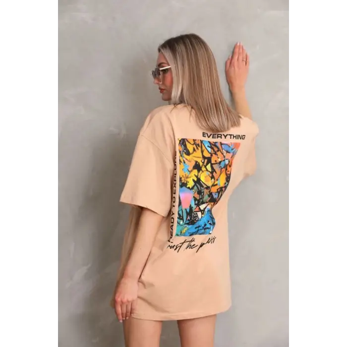 iegiyim™ kadın Bisiklet Yaka Baskılı Oversize Kısa kol T-Shirt - Bej