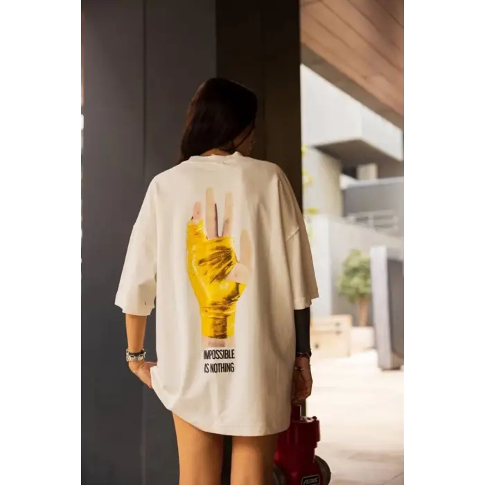 iegiyim™ Kadın Bisiklet Yaka Baskılı Oversize  Kısa kol T-Shirt - Beyaz