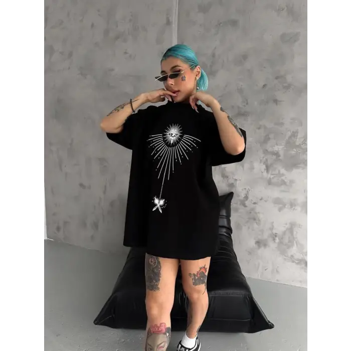iegiyim™ kadın Bisiklet Yaka Baskılı Oversize  Kısa kol T-Shirt - Siyah