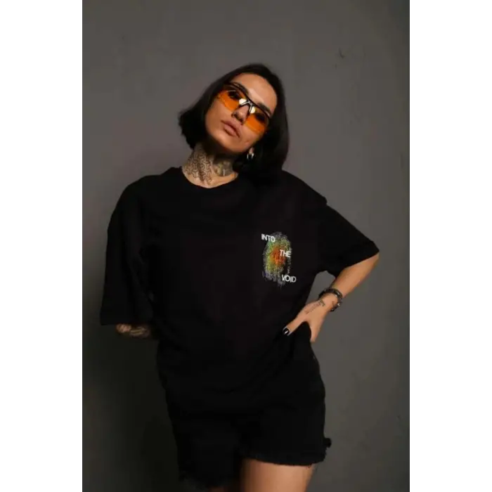 iegiyim™ kadın Bisiklet Yaka Baskılı Oversize Kısa kol T-Shirt - Siyah