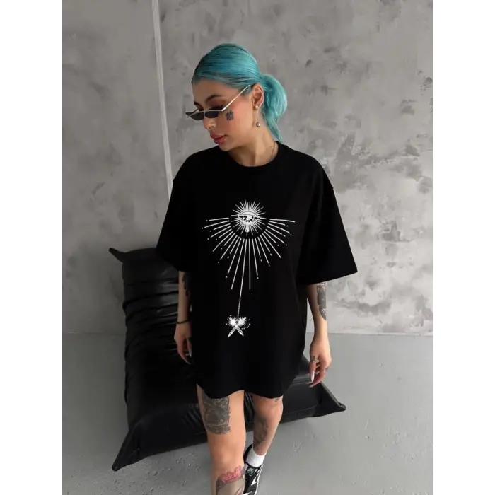 iegiyim™ kadın Bisiklet Yaka Baskılı Oversize  Kısa kol T-Shirt - Siyah