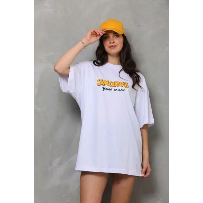 iegiyim™ kadın Bisiklet Yaka Baskılı Oversize T-Shirt - Beyaz