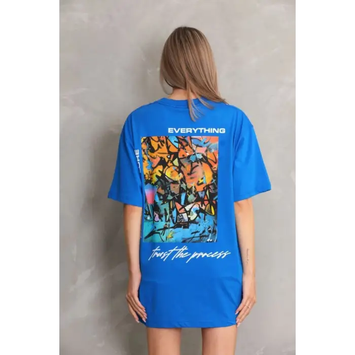 iegiyim™ kadın Bisiklet Yaka Baskılı Oversize T-Shirt - Mavi