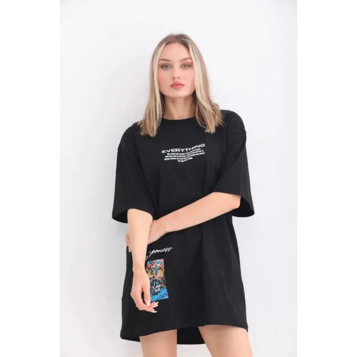 iegiyim™ kadın  Bisiklet Yaka Baskılı Oversize T-Shirt - Siyah