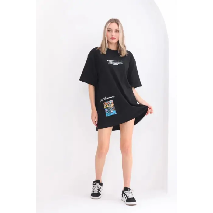 iegiyim™ kadın  Bisiklet Yaka Baskılı Oversize T-Shirt - Siyah