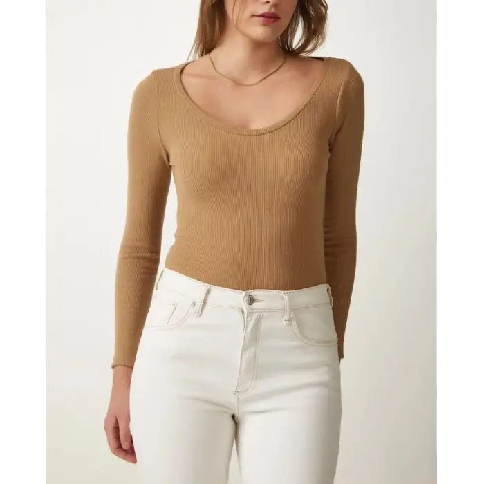 iegiyim™ Kadın Fitilli Likralı Body Crop - Camel