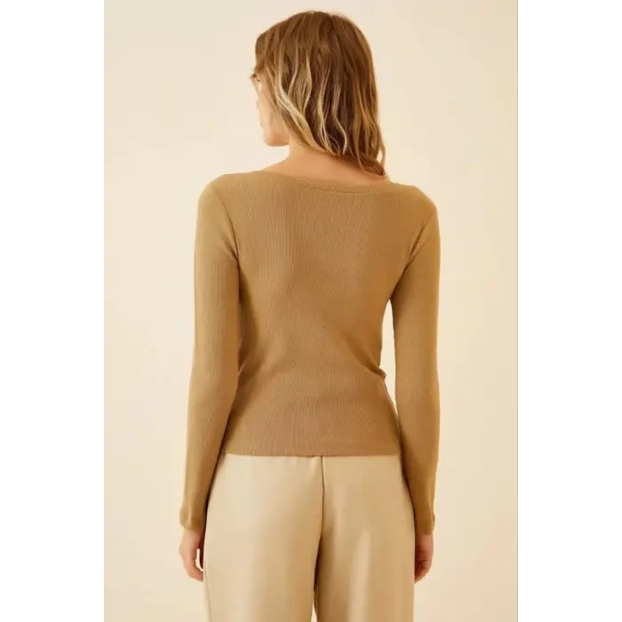 iegiyim™ Kadın Fitilli Likralı Body Crop - Camel