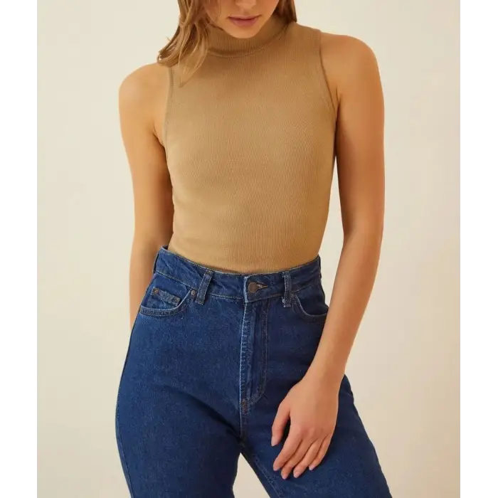 iegiyim™ Kadın Full Likralı Fitilli Kaşkorse Body - Camel