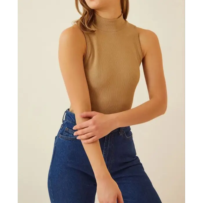 iegiyim™ Kadın Full Likralı Fitilli Kaşkorse Body - Camel