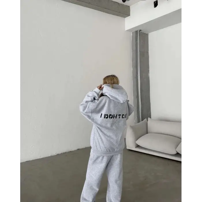 iegiyim™ Kadın Nakış İşlemeli 3 İplik Pamuklu Sweat Alt-Üst Takım- Gri