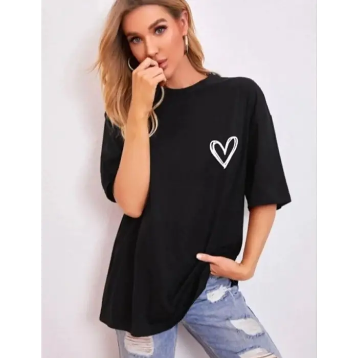 iegiyim™ Kadın Tişört Bisiklet Yaka Baskılı Oversize T-Shirt - Siyah