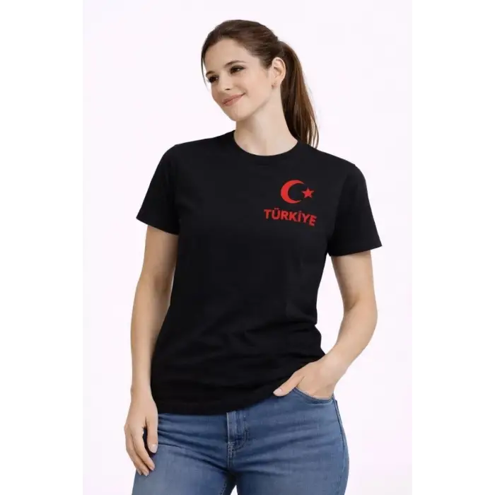 iegiyim™ Kadın TÜRKİYE Ay Yıldız Baskılı Taraftar Forma T-Shirt - Siyah