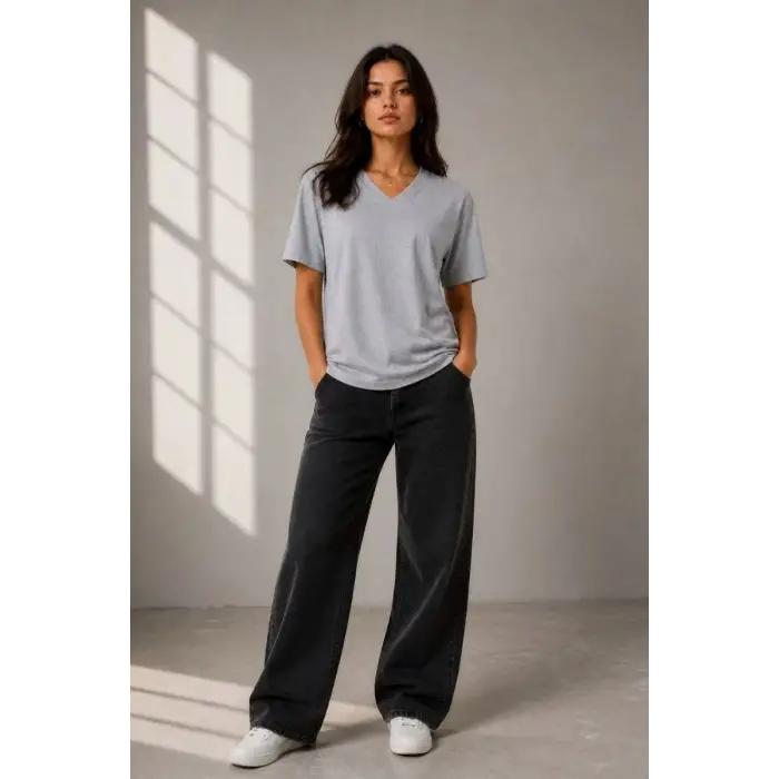 iegiyim™ Kadın V Yaka Basic Tişört Kısa Kol Yazlık Regular Fit T-Shirt - Gri