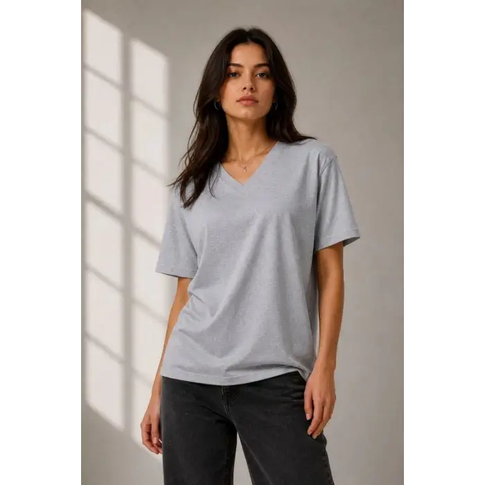 iegiyim™ Kadın V Yaka Basic Tişört Kısa Kol Yazlık Regular Fit T-Shirt - Gri