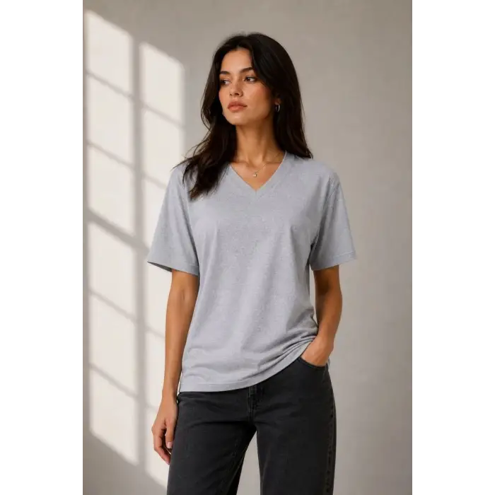 iegiyim™ Kadın V Yaka Basic Tişört Kısa Kol Yazlık Regular Fit T-Shirt - Gri