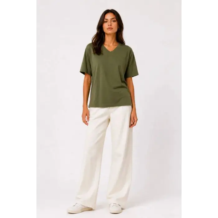 iegiyim™ Kadın V Yaka Basic Tişört Kısa Kol Yazlık Regular Fit T-Shirt - Haki