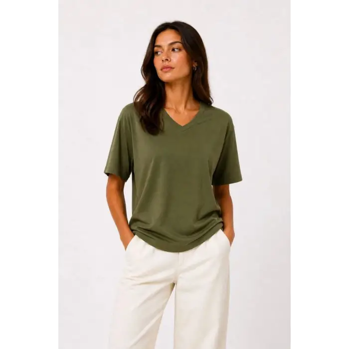 iegiyim™ Kadın V Yaka Basic Tişört Kısa Kol Yazlık Regular Fit T-Shirt - Haki