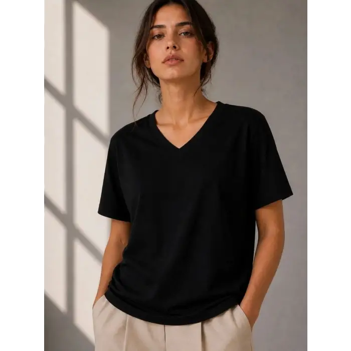 iegiyim™ Kadın V Yaka Basic Tişört Kısa Kol Yazlık Regular Fit T-Shirt - Siyah
