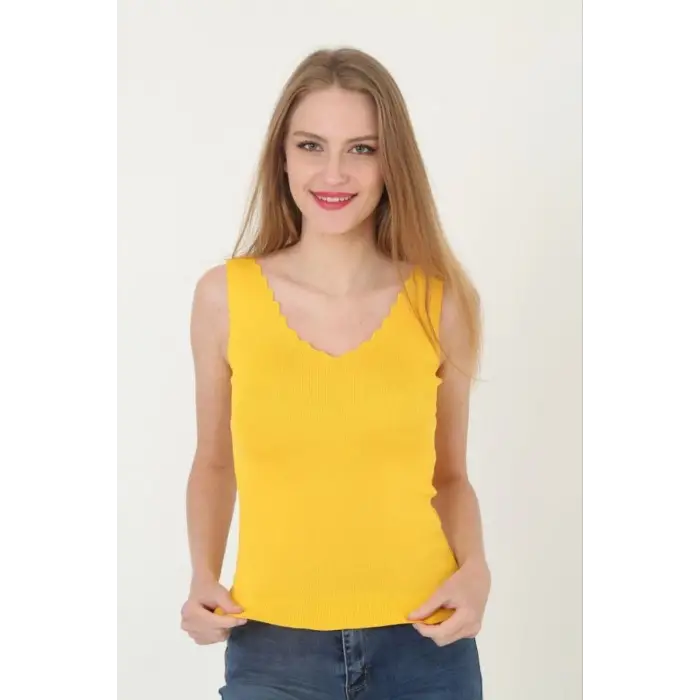 iegiyim™ Kadın V Yaka Fırfır Detay Crop - Sarı
