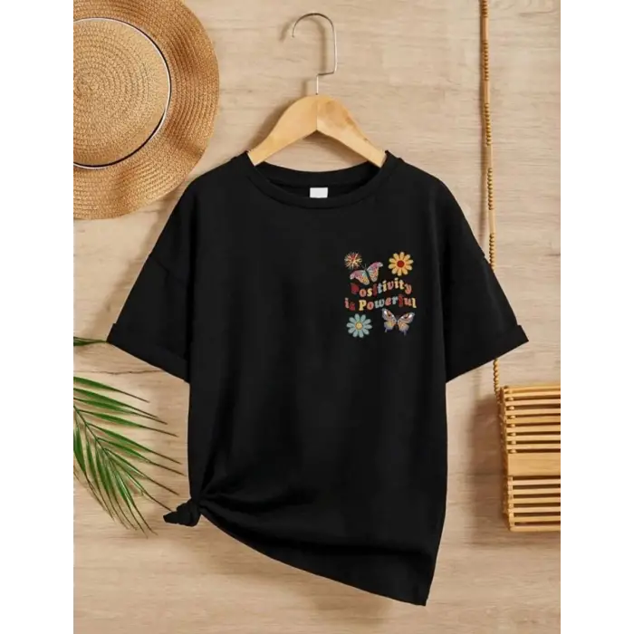 iegiyim™ Kız Çocuk Bisiklet Yaka Baskılı T-Shirt - Siyah