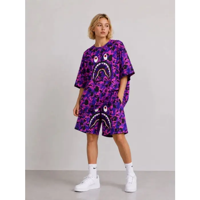 iegiyim™ Kız Çocuk Oversize Kalıp Pubg Bape X Shark Nakışlı Cepli Şort Takım - Mor