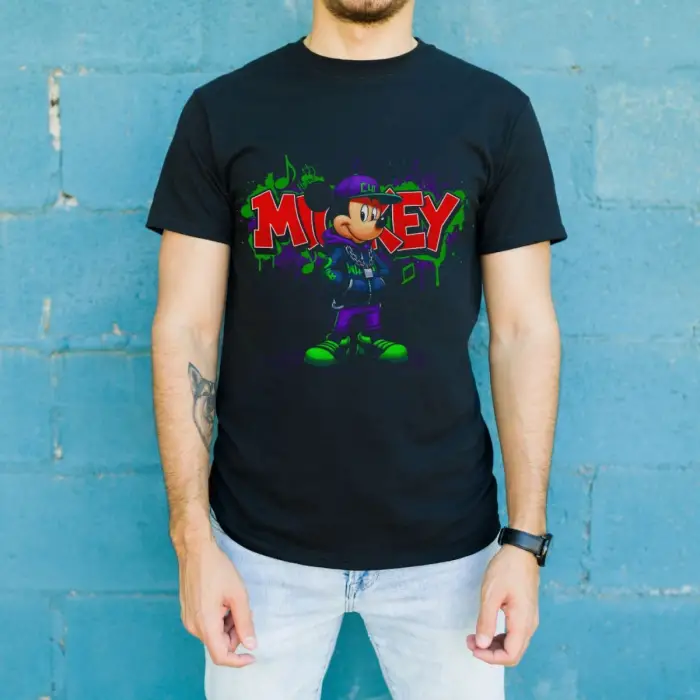 iegiyim™ Mickey Mouse Graffiti Baskılı Unisex Siyah Oversize Tişört - 24/1 Penye