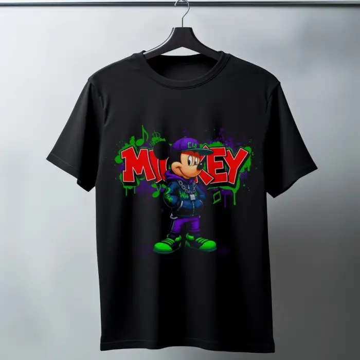 iegiyim™ Mickey Mouse Graffiti Baskılı Unisex Siyah Oversize Tişört - 24/1 Penye